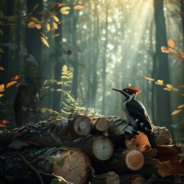 De-Specht-AI_a_pile_of_wood_with_a_woodpecker_in_a_forest_
